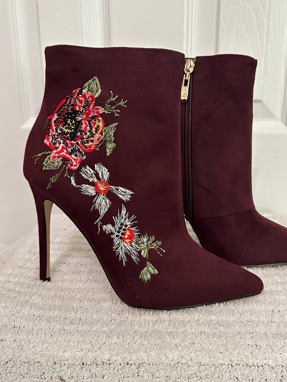 Bebe Women's Burgundy Suede Embroidered Stiletto Ankle Boots